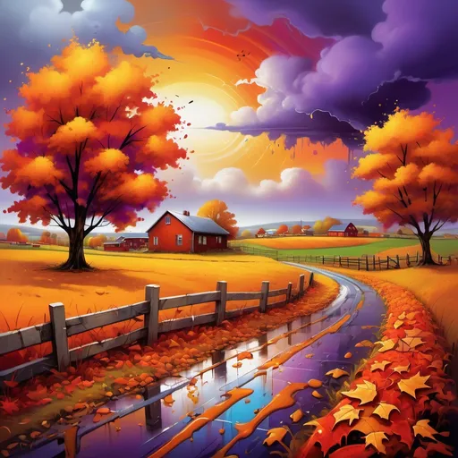 Prompt: (vibrant graffiti style), beautiful farmland, slightly rainy day, colorful autumn leaves, golden, purple, red, orange hues, dynamic and lively composition, dramatic skies with soft rainfall, whimsical details in the landscape, rich textures, inviting atmosphere, highly detailed art, emphasizing bold patterns, energetic ambiance, urban flair, contrasts between nature and graffiti elements.