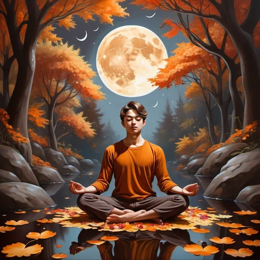 Prompt: (realism style), young man in lotus position, (brown moon) above, surrounded by vibrant autumn trees, colorful flowers, beautiful falling leaves, dark color scheme, serene atmosphere, captivating contrast between colors, rich browns and deep oranges, intricate details in foliage, peaceful and reflective mood, (ultra-detailed), magical and tranquil setting.