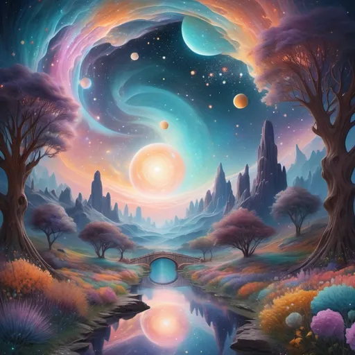 Prompt: (realism style), (multiverse), pastel color scheme, ethereal landscapes, vibrant celestial bodies, intricate dimensional gateways, enchanting starry night skies, dreamlike scenes merging multiple realities, soft lighting creating a serene atmosphere, whimsical elements, varied textures representing different universes, ultra-detailed, harmonious visual narrative, captivating beauty of infinite possibilities.