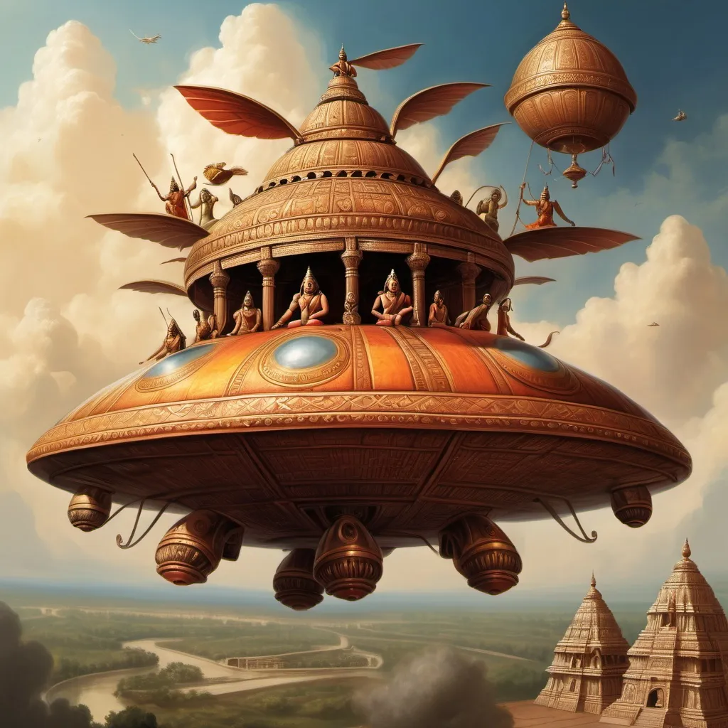 Prompt: Vimanas are depicted in Indian mythology in various shapes and sizes. These flying vehicles are described as being capable of moving freely in the sky, even traveling between planets, and are used by gods and heroes. The Mahabharata and Ramayana, two major epics, contain detailed descriptions of Vimanas.