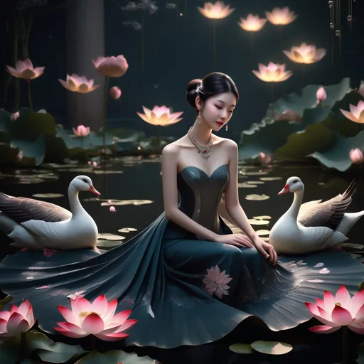 Prompt: (realism style), dark color scheme, (ladies fanning), serene poses, flock of flapping geese, resting on a lotus bed, intricate fans in hands, delicate emotions, tranquility in the atmosphere, (jewels and gems) glittering subtly, (night ambiance), cinematic depth, refined elegance, (soft lighting), ultra-detailed, capturing stillness and quiet beauty.