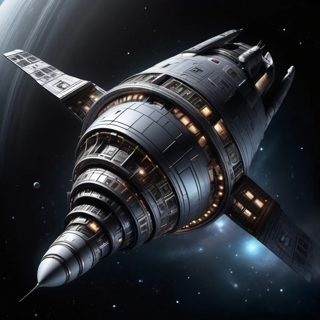 Prompt: photorealistic, (dark color scheme), intensive focus on a (futuristic spacecraft) showcasing concentric forces, intricate details of the spacecraft's design, dynamic energy emanating from it, contrasting deep shadows and subtle highlights, cosmic background with distant stars, (high quality) texture, atmospheric and mysterious vibe.