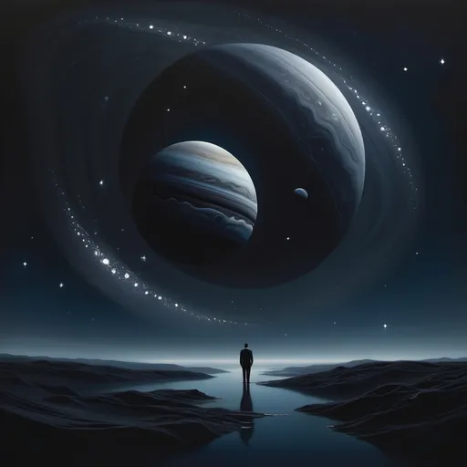 Prompt: (P. Diddy baddy in a surreal minimalist style), oil floating around Jupiter, (dark color scheme), ethereal atmosphere, simple yet striking composition, deep muted tones of midnight blue and charcoal, celestial background with faint, glittering stars, stark contrasts, elegant and clean lines, emphasizing vastness and serenity, (ultra-detailed) space scenery.