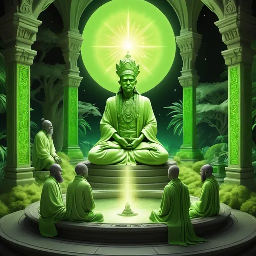 Prompt: (accurately spelled text "Dez Heights"), beautiful (lime green) spiritual planet, surrounded by (male and female sages), realism style, luminous warm color scheme, serene and tranquil ambiance, intricate details of sages' attire, soft glowing light from the planet, depth and vividness, ultra-detailed, inviting atmosphere, mystical elements surrounding the sages, harmonious interaction among figures, dreamlike quality.