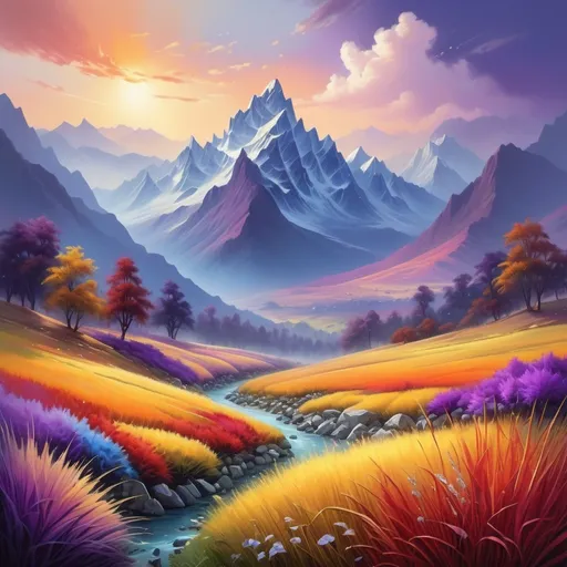 Prompt: (realism style), pastel color scheme, majestic mountains adorned with (precious stones and crystals), lush valley below, vibrant multicolored grass in hues of yellow, red, purple, orange, blues, deep dark purple, captivating landscape, soft lighting, ultra-detailed, serene atmosphere, breathtaking scenery, ethereal beauty, inviting and tranquil ambience.