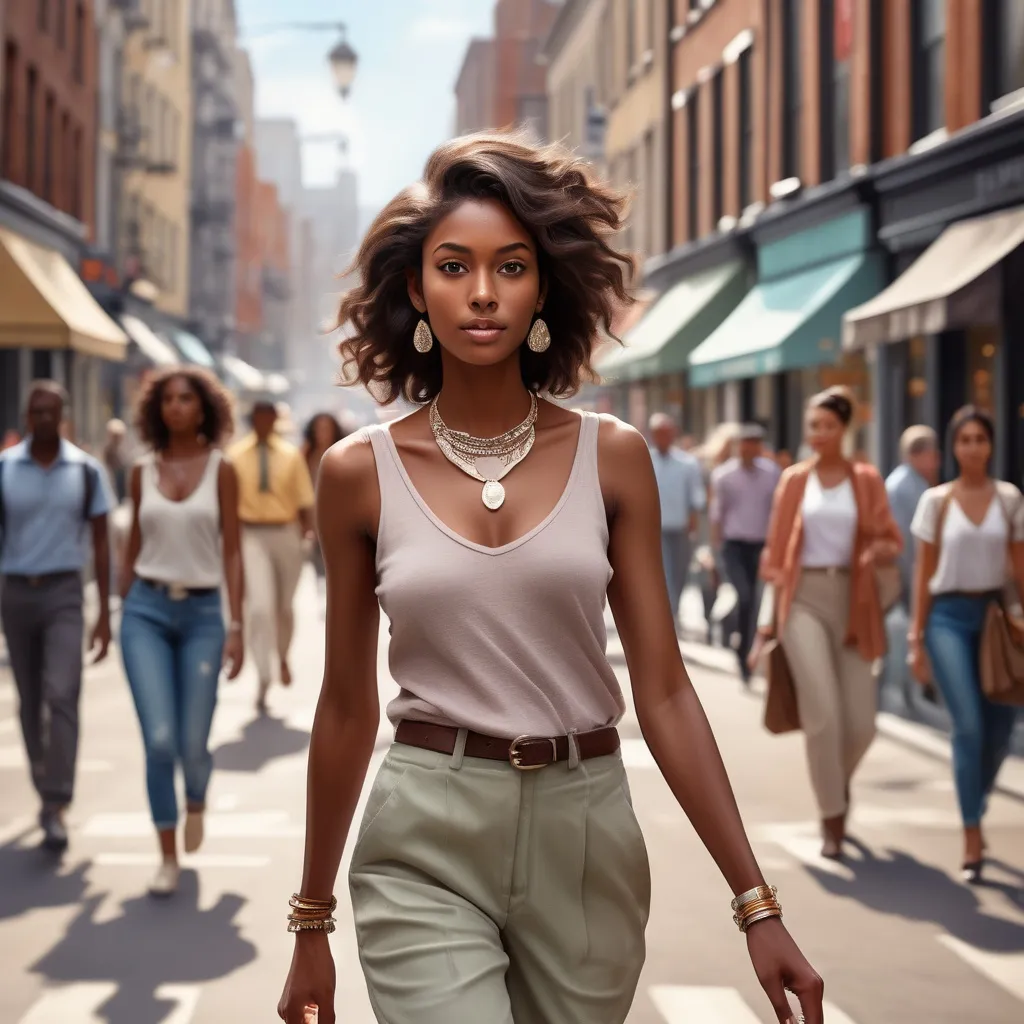 Prompt: (tall young dark brown skinned woman), walking down a bustling high street, (realism style), (pastel color scheme), detailed clothing with fashionable accessories, showcasing a lively urban vibe, (natural lighting), capturing soft shadows and highlights reflecting off surfaces, showcasing everyday life, (HD quality), expressive and dynamic atmosphere, evoking a sense of motion and casual elegance.