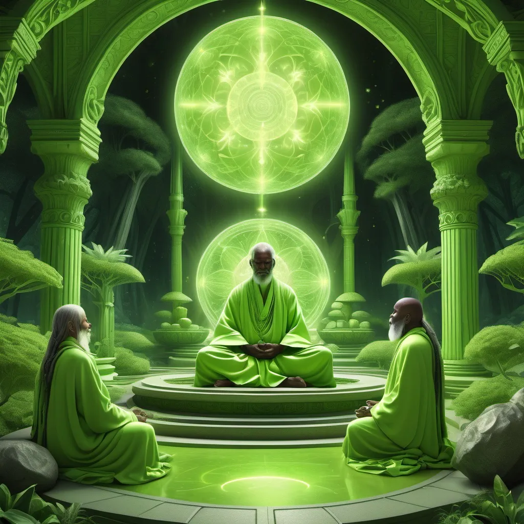 Prompt: (accurately spelled text "Dez Heights"), beautiful (lime green) spiritual planet, surrounded by (male and female sages), realism style, luminous warm color scheme, serene and tranquil ambiance, intricate details of sages' attire, soft glowing light from the planet, depth and vividness, ultra-detailed, inviting atmosphere, mystical elements surrounding the sages, harmonious interaction among figures, dreamlike quality.