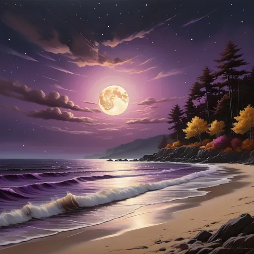 Prompt: (realism style), dark brown moon, (cool color scheme), pinkish ocean, streak of reflective moonlight on the shore, beautifully autumn night, vibrant foliage in shades of brown, yellow, and purple, tranquil atmosphere, detailed textures, high depth, ultra-detailed imagery, serene setting, evening sky with stars, soft waves lapping against the shore.