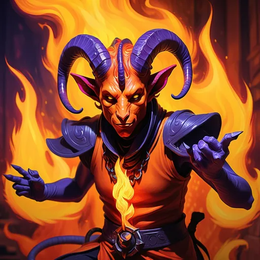 Prompt: (hyper-realistic Tiefling character), vibrant color scheme, abstract style, (fire hands), striking fantasy character art, dynamic poses, rich warm tones, imaginative and colorful background, (illustration), Dungeons and Dragons theme, intricate details, ultra-detailed, captivating ambiance, bold contrasts, fantastical elements blending with abstract art.