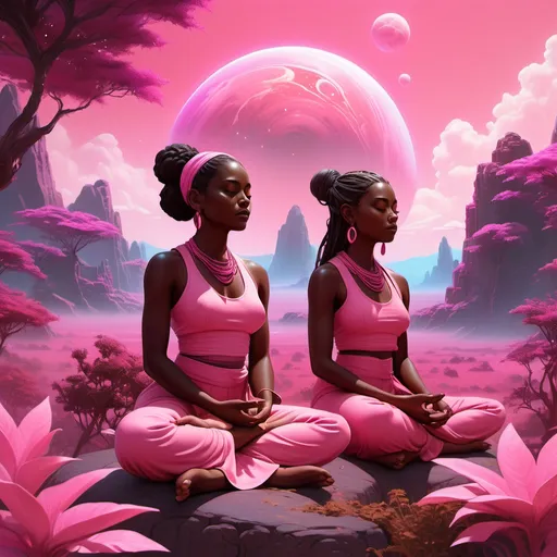 Prompt: (realism style), (vibrant colors), dark brown skinned female sages, meditating peacefully, vibrant pink planet, expansive pink landscapes, lush flora, dreamy atmosphere, infusing serenity and wisdom, intricate details, high definition, ultra-detailed, celestial vibe, harmonious balance between characters and surroundings, illuminated by otherworldly pink hues.