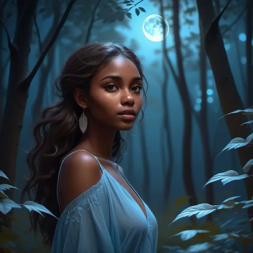 Prompt: (beautiful realism style), dark brown skinned female, 22 years old, walking gracefully, beautifully translucent forest, dark moonlit night, ethereal blue glow, soft pastel color scheme, serene ambiance, enchanting atmosphere, high detail, mystical elements, shimmering leaves, gentle shadows, tranquil mood, 4K quality.