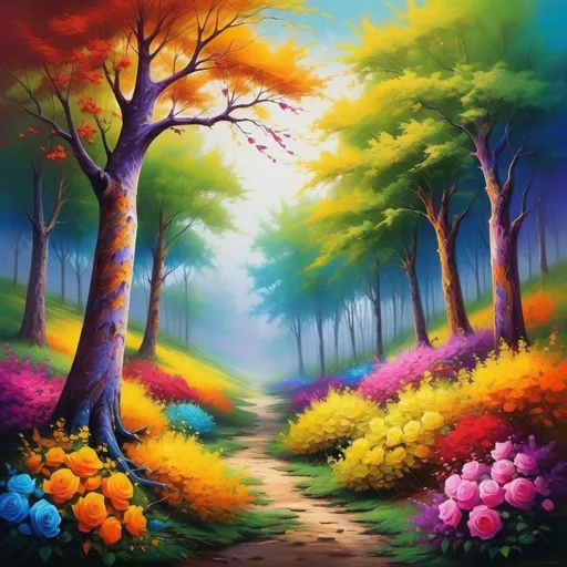 Prompt: (realism style), Trees with vibrant (rose flowers), striking (yellow bark), (lush grass) blending shades of (yellow, green, blue, purple, red, orange), dynamic and vivid colors creating a mesmerizing landscape, (high depth), full of life and energy, captivating atmosphere, inviting nature scene.