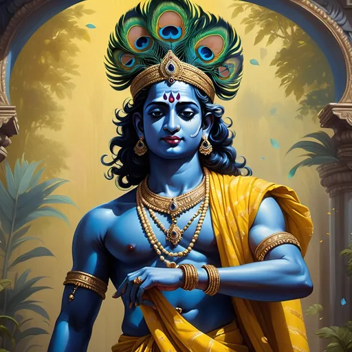 Prompt: (realism style), (cool color scheme), Lord Krishna, blue-black skin, wearing a vibrant yellow dhoti, adorned with a crown of peacock feathers, striking Tribhanga posture, one leg bent in front of the other, intricate detailing, serene expression, emphasizing divine aura, beautifully composed background with subtle gradients, high-quality 4K resolution, ultra-detailed textures, tranquil yet powerful ambiance.