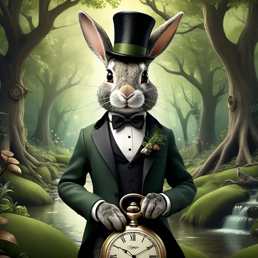 Prompt: photorealistic, (dark color scheme), a (dapper rabbit), wearing a top hat and tuxedo, holding a pocket watch, surrounded by whimsical woodland creatures, lush trees, gentle streams flowing, enchanting atmosphere, deep shadows, soft lighting, (highly detailed textures), serene nature backdrop, contrasting vibrant greens against muted tones, (HD quality).