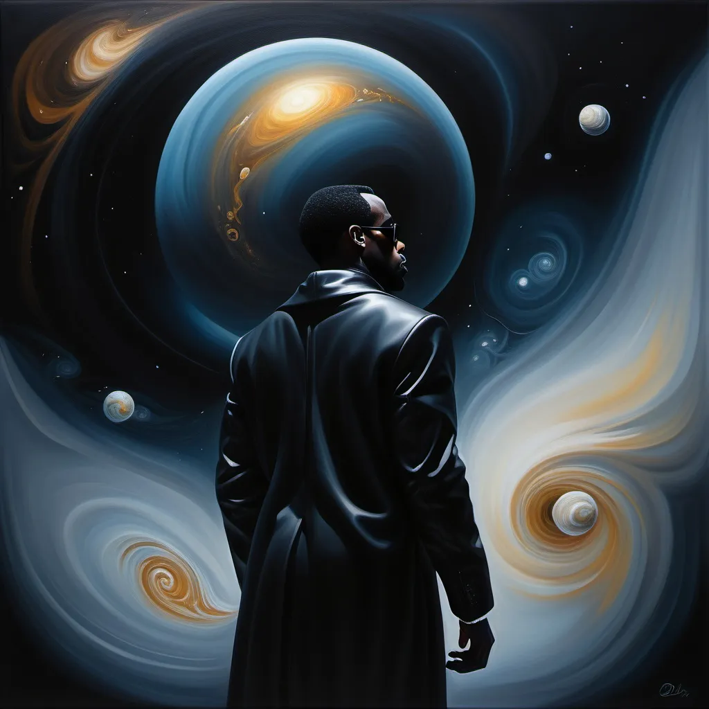 Prompt: (oil painting) minimalism style, (dark color scheme), P. Diddy baddy figure, ethereal, floating in space, surrounded by swirling oil imagery, distant Jupiter planet, magnified detail of gaseous atmosphere, sleek and serene, high contrast lighting, elegant composition, ultra-detailed, mystical ambiance, captivating yet simple elements evoke profound emotions.