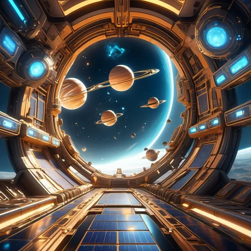 Prompt: photorealistic, (space stations), detailed futuristic structures, glowing blue lights, intricate solar panels, illusion of weightlessness, (warm color palette) with golden highlights, dazzling stars in the background, rich textures on surfaces, shadows deepening the dimensionality, (HD), cosmic ambiance, inviting atmosphere, evoking curiosity and wonder.