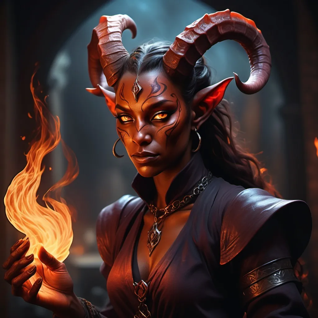 Prompt: (hyper-realistic Tiefling character), (fire hands), fantasy character art, dark color scheme, warm tone, D&D theme, intricate details, moody atmosphere, epic fantasy vibe, dramatic shadows, dynamic pose, captivating gaze, rich textures, mystical ambiance, ultra-detailed, 4K quality, cinematic depth.