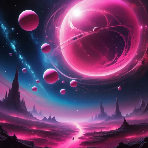 Prompt: (realism style), luminous (vibrant pink planet), aerial vehicles flying by, vivid outer space, sparkling stars, glowing nebulae, rich color contrasts, dynamic movement, surreal atmosphere, expansive cosmos, high depth, (ultra-detailed), captures the essence of wonder and exploration, mesmerizing celestial backdrop, ethereal light play, endless possibilities.