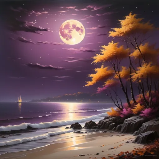 Prompt: (realism style), dark brown moon, pinkish ocean, streak of reflective moonlight at the shore, beautiful autumn night, vibrant brown foliage, warm yellow leaves, deep purple accents, tranquil atmosphere, cool color scheme, high detail, captivating scene, serene ambiance, enchanting landscape, lush foliage blending harmoniously, soft moon glow illuminating the ocean.