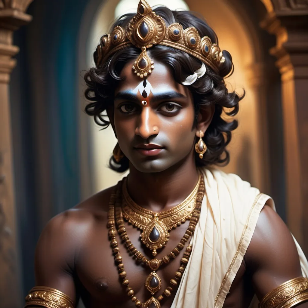 Prompt: (renaissance art style), Dark brown skinned Krishna, (cool color scheme), intricate details, ethereal background, serene expression, flowing garments, divine aura, rich textures, harmonious composition, soft lighting, emotive atmosphere, elegant posture, elegant surroundings, transcendental essence, (highly detailed)