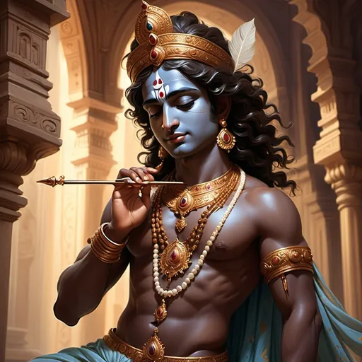 Prompt: (artstyle-renaissance), (cool color scheme), Dark brown skinned Krishna, classical elements, ethereal atmosphere, intricate detailing, soft lighting highlights, dynamic poses, elegant drapery, celestial background, harmonious composition, rich textures, spiritual essence, engaging expression, high detail craftsmanship, (ultra-detailed)