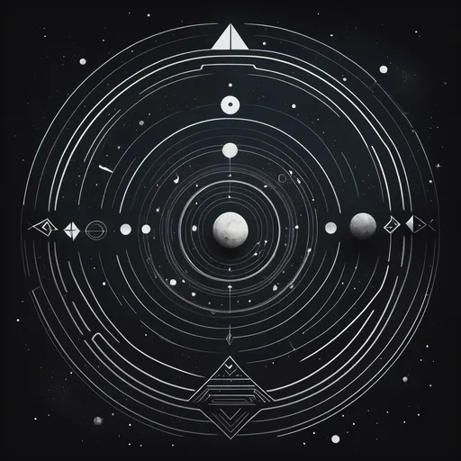 Prompt: minimalism style, (dark color scheme), abstract representation, Dogon culture, Nomo figures, Orion belt imagery, Sirius B star system, cosmic elements, geometric shapes, high contrast, deep blacks, subtle textures, celestial theme, creating a serene atmosphere, (ultra-detailed), (4K) quality design.