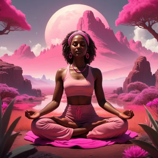 Prompt: (realism style), dark brown skinned female sage, meditating, surrounded by (vibrant pink landscapes), illuminative flora and fauna, serene expressions, cosmic energy emanating, warm glowing pink hues casting soft shadows, deep contrast adding depth, captivating atmosphere, ethereal ambiance, high detail, 4K resolution