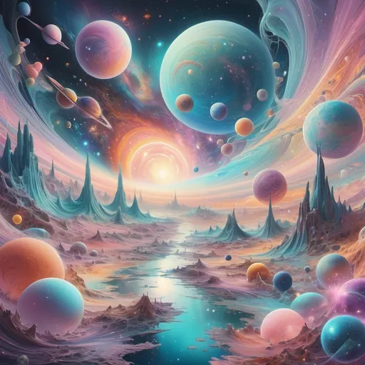 Prompt: (pastel color scheme), a surreal depiction of (the multiverse) overflowing with vibrancy and beauty, intricate celestial landscapes surrounding multiple universes, whimsical patterns connecting realms, ethereal light illuminating each dimension, captivating formations of stars and planets, atmospheric depth, a sense of wonder and exploration, high definition, ultra-detailed, cinematic masterpiece.