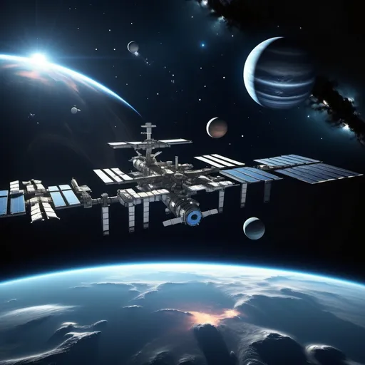 Prompt: photorealistic, (space station) in the foreground, surrounded by (mysterious planets), dramatic shadows, deep blues and blacks, vibrant starry background, cosmic atmosphere, celestial bodies reflecting dim light, high contrast, (ultra-detailed), (HD), immersive depth, ethereal expanse of space, introspective mood, vast cosmic environment.