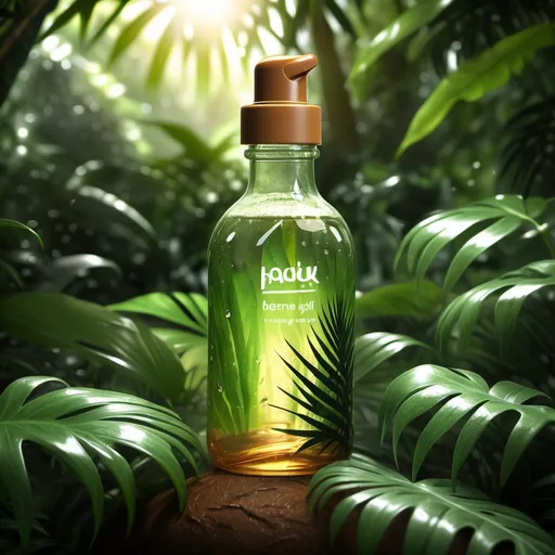 Prompt: (photorealistic), (vibrant lush jungle), baby oil bottle amidst green foliage, serene sunlight filtering through trees, delicate droplets on the bottle, deep shadows contrasting bright highlights, tropical plants surrounding, warm earthy tones, ultra-detailed textures, refreshing ambiance, harmonious blend of nature and product design, high-quality HD, inviting tropical essence.