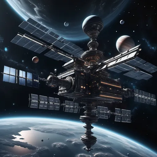 Prompt: photorealistic, (dark color scheme), breathtaking space station, surrounded by numerous planets, hauntingly beautiful atmosphere, mysterious lighting, deep starry background, intricate station details, planetary textures, dramatic contrasts, expansive cosmic scene, stellar wonders, ultra-detailed, immersively captivating