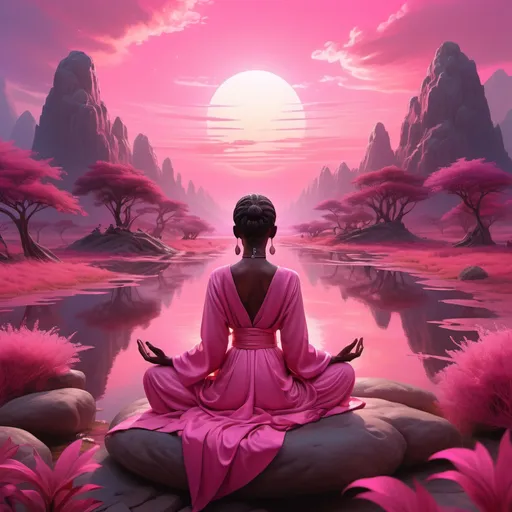 Prompt: Realism style, (vibrant colors), dark brown skinned female sages, meditating, serene expressions, flowing robes, intricate details in outfits, lush pink landscapes, bright pink skies, dreamlike ambiance, ethereal lighting, captivating aura, otherworldly scene, magical vibe, ultra-detailed, high quality, 4K.