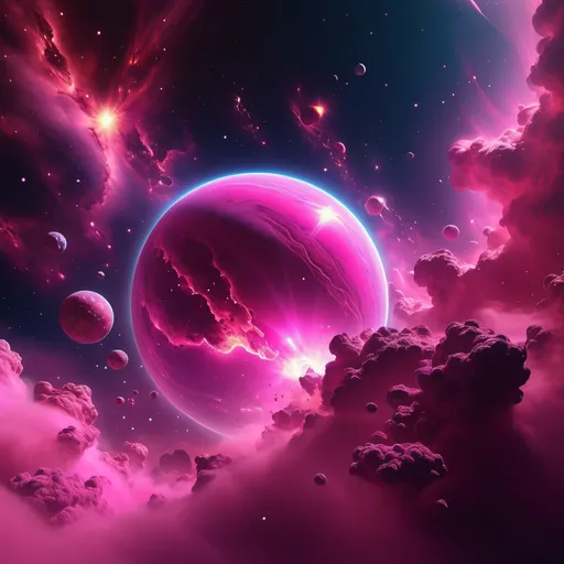 Prompt: (luminous pink planet), aerial vehicles soaring, (vibrant color scheme), vibrant outer space, star-filled background, cosmic nebulas, intricate details, enchanting atmosphere, gilded edges of clouds, surreal light effects, high-quality 4K image, richly colored cosmic environment, dynamic perspective showing depth and motion, interactive scene, nebula and star formations contrasting against pink.