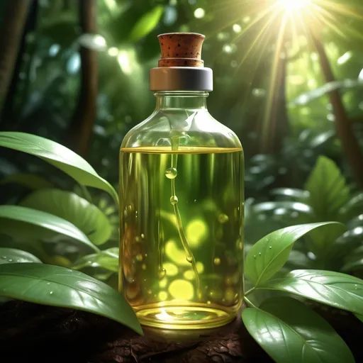 Prompt: (photorealistic image), baby oil bottle, surrounded by lush jungle foliage, vibrant green leaves, glimmering sunlight filtering through trees, reflective oil surface, rich textures of plants, warm and inviting ambiance, tranquil mood, drops of oil glistening, detailed shadows, ultra-detailed, HD quality.