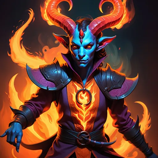 Prompt: (hyper-realistic Tiefling character), vibrant color scheme, abstract style, (fire hands), striking fantasy character art, dynamic poses, rich warm tones, imaginative and colorful background, (illustration), Dungeons and Dragons theme, intricate details, ultra-detailed, captivating ambiance, bold contrasts, fantastical elements blending with abstract art.