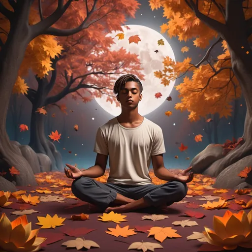 Prompt: (realism style), young brown-skinned man, age 20, sitting in a lotus position, surrounded by (magnificent autumn trees), (vibrant multicolored flowers), captivating falling leaves, under a (deep brown moon), (dark color scheme), (moody ambiance), (highly detailed), (immersive atmosphere), enchanting fall scenery, ethereal atmosphere, soft lighting, ultra-detailed, cinematic quality.