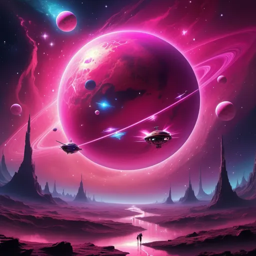 Prompt: (realism style), luminous (vibrant pink planet), aerial vehicles flying by, vivid outer space, sparkling stars, glowing nebulae, rich color contrasts, dynamic movement, surreal atmosphere, expansive cosmos, high depth, (ultra-detailed), captures the essence of wonder and exploration, mesmerizing celestial backdrop, ethereal light play, endless possibilities.