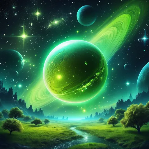 Prompt: (realism style), vibrant colors, (beautiful lime green) planet, sparkling stars in the background, cosmic atmosphere, ethereal look, captivating celestial scene, intricate details lighting effects, dreamy nighttime sky, high depth and ultra-detailed visual quality, surrounded by a galaxy of twinkling stars, peaceful and awe-inspiring ambiance.