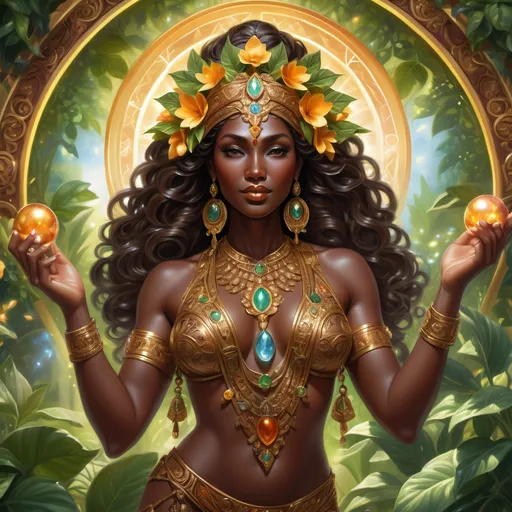 Prompt: photorealistic, (vibrant colors), dark brown skinned goddess of fortune, (majestic pose), intricate details in attire, shining gemstones, ethereal glow surrounding her, dynamic background filled with symbols of wealth and abundance, lush greenery, soft lighting highlighting features, (ultra-detailed), conveying a sense of prosperity and divine energy.