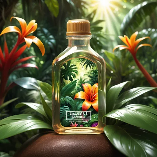 Prompt: (photorealistic) Baby oil bottle, nestled in a vibrant jungle, surrounded by lush green foliage, exotic plants and colorful flowers, glistening under dappled sunlight, reflecting a bright, warm ambiance, high-quality details, inviting tropical atmosphere, captivating close-up view, ultra-detailed textures, serene natural backdrop, soothing tropical vibes.