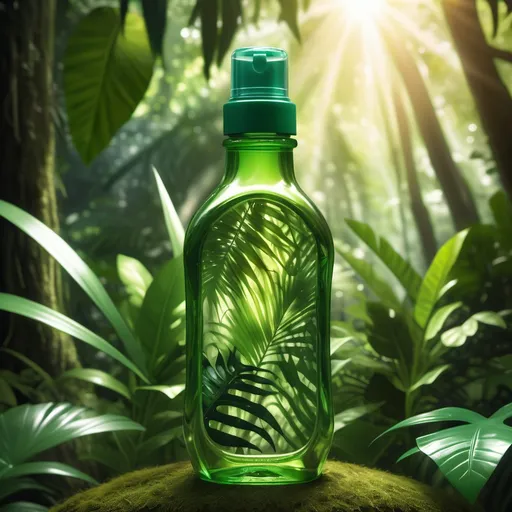 Prompt: photorealistic, (vibrant) colors, (juxtaposition of textures), baby oil bottle gleaming in sunlight, lush green jungle backdrop teeming with diverse foliage, rays of light filtering through tree canopy, lushness, playfulness of nature, (high sharpness), (ultra-detailed), emphasizing contrast between smooth bottle and rugged jungle environment.