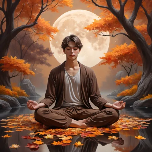 Prompt: (realism style), young man in lotus position, (brown moon) above, surrounded by vibrant autumn trees, colorful flowers, beautiful falling leaves, dark color scheme, serene atmosphere, captivating contrast between colors, rich browns and deep oranges, intricate details in foliage, peaceful and reflective mood, (ultra-detailed), magical and tranquil setting.