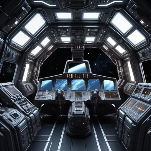 Prompt: photorealistic, (dark color scheme), detailed spacecraft design, stunning exterior and interior features, illuminated cockpit, sleek lines, metallic textures, starry background, cosmic atmosphere, high tension and anticipation, (4K), ultra-detailed, exploring unknown areas in deep space, perfect lighting contrasts highlighting the intricate structure of the spacecraft.