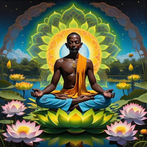 Prompt: (psychedelic style), beautiful bushes of (lime green and yellow) emitting (orange auras), surrounded by vibrant multicolored flowers and grasses, luminous (blue sky), luminescent (dark brown moon), young dark brown skinned male saint meditating in a (lotus position) over a lake filled with (sparkling lotuses), intricate details, whimsical ambiance, high contrast, dynamic colors, (4K), ultra-detailed, serene atmosphere