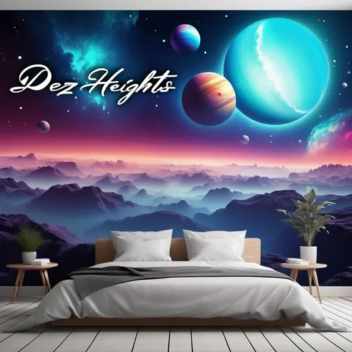 Prompt: photorealistic, (accurately spelled text "Dez heights"), stylish script, wall artwork, illuminated cosmic sky, vibrant translucent planets, ethereal atmosphere, soothing cool color palette, captivating depth, starry background, ultra-detailed, high contrast lighting, dreamy ambiance, mysterious and inspiring vibe.