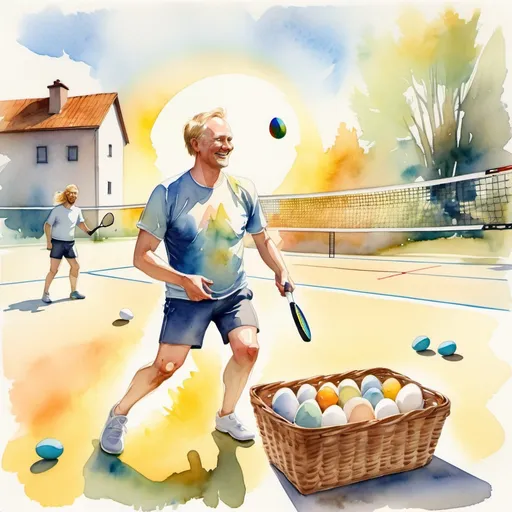 Prompt: Aquarelle. Middleaged Finnish man with little blonde hear and without beard happily plays padel in sunshine. In the background sunshine and little rainbow and s6 white eggs and  1 brown bread in a basket.