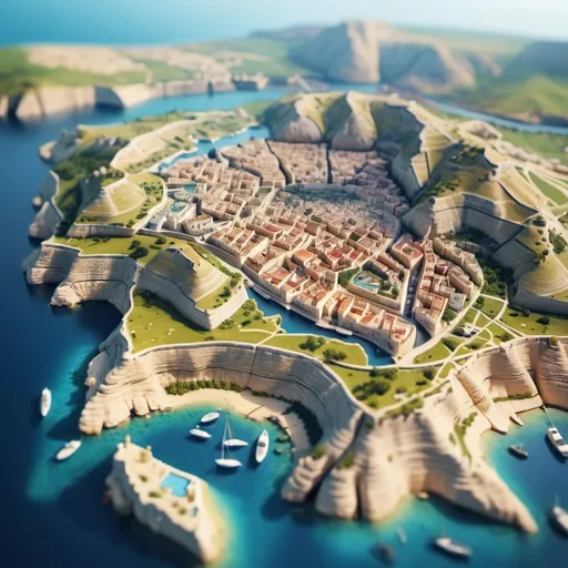 Prompt: map of malta, aerial view, tilt-shift, isometric miniature world, detailed landscape world render with tiny houses and boats, mountains with lakes