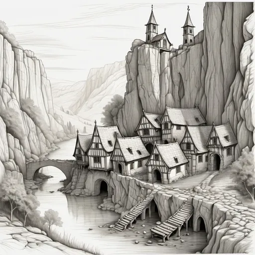 Prompt: line drawing 
poor medieval village by river cliffs sinister cave old temple sad