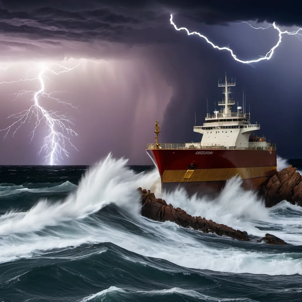 Prompt: Storm waves ship rocks lightning