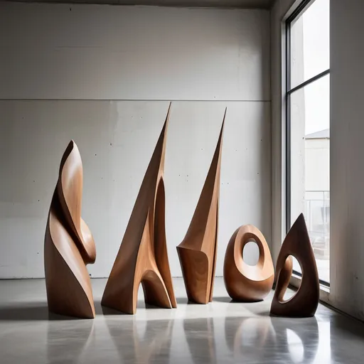 Prompt: a group of wooden sculptures sitting on top of a cement floor next to a wall and a window sill, Carol Bove, process art, bold shapes, an abstract sculpture